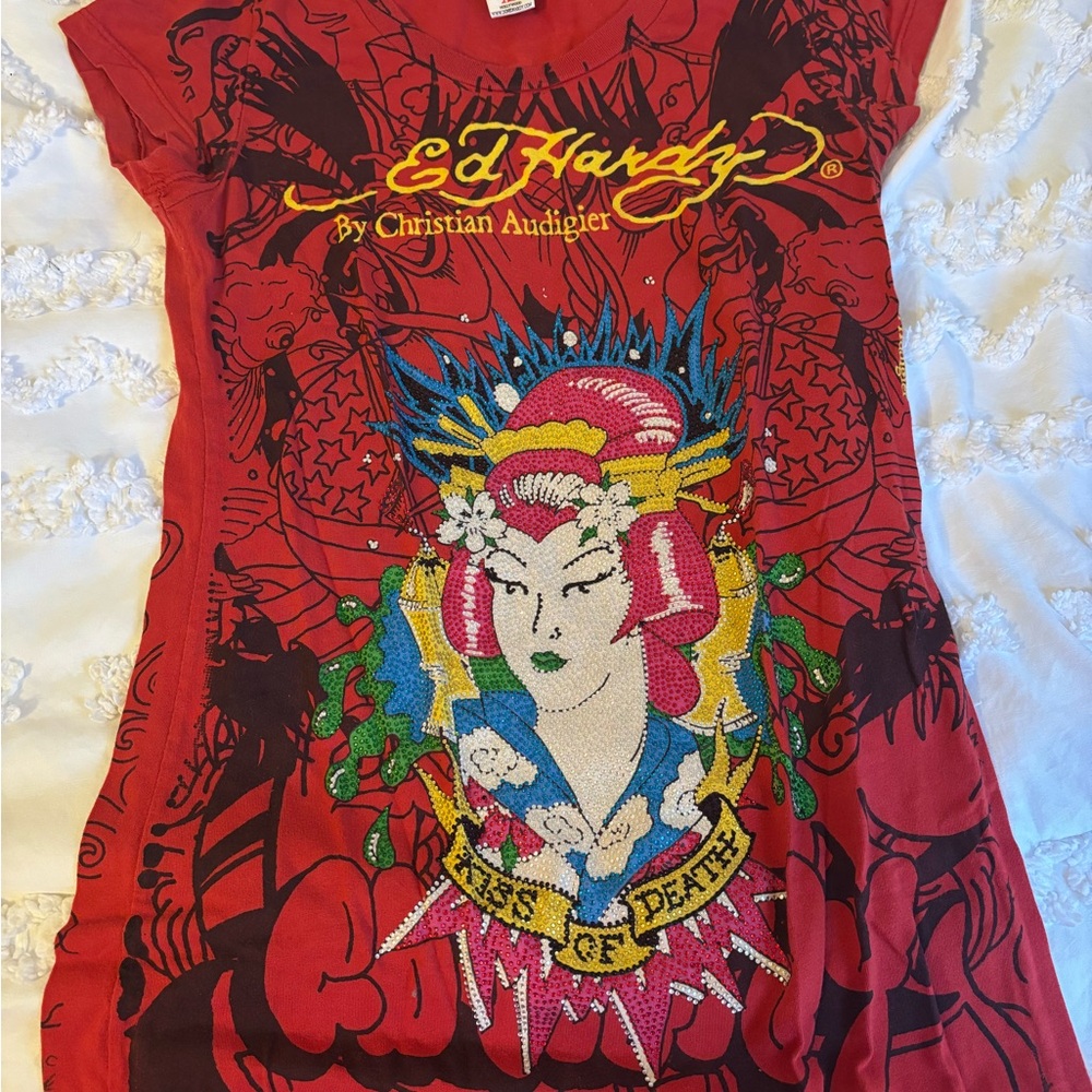 VINTAGE Ed Hardy Rhinestone Red Graphic T-Shirt